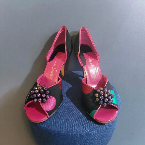 Alexander Thomas Shoes - Black Fabric Polka-dot Open Toe Heels